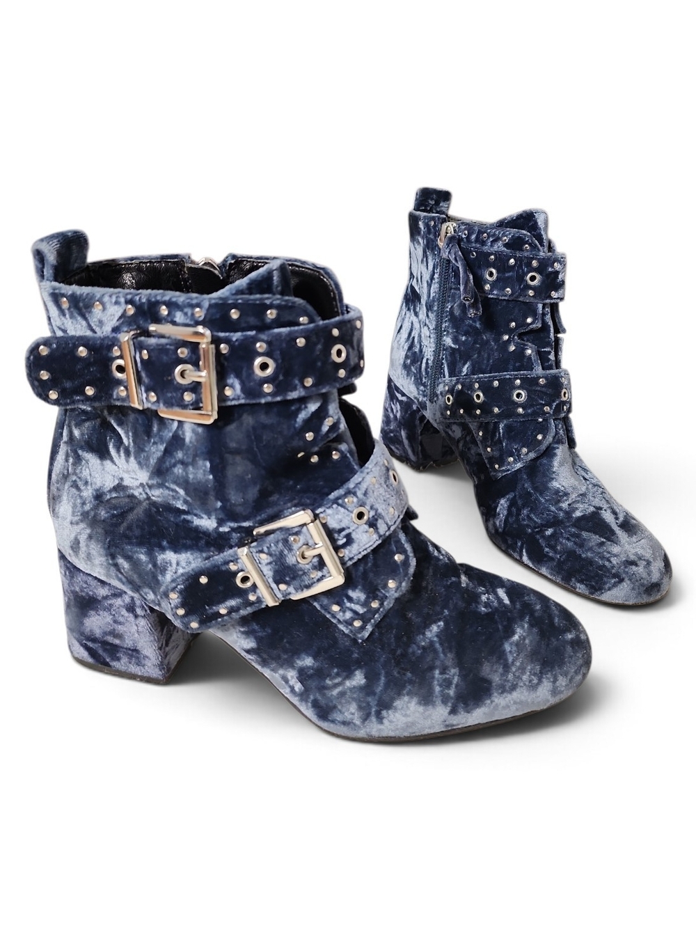 REBECCA MINKOFF Ankle Boots Women 6.5M Blue Velvet Studded Buckle Block Heel